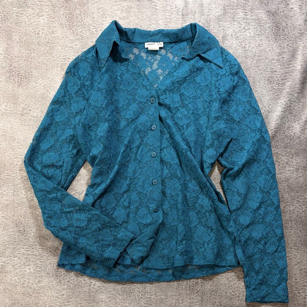 Y2k Blue Floral Lace Button Up Blouse